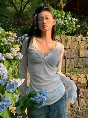 BXOXO Hooded Sheer T Shirt Woman Clothes Long Sleeve Korean Fashion 2000s Clothes Y2k See Through Autumn Tops Tees Female