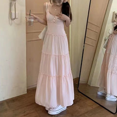 Bxoxo Pink Cute Midi Dresse Sweet Ruffle Casual Elegant Chic Beach Long Spaghetti Strap Button Holiday Gentle Dress Fairycore