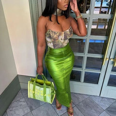 BXOXO Metallic Green Skirt Y2k Women High Waist Back Slit Maxi Shiny A-line Skirts Zipper Up Summer Streetwear Party Clubwear