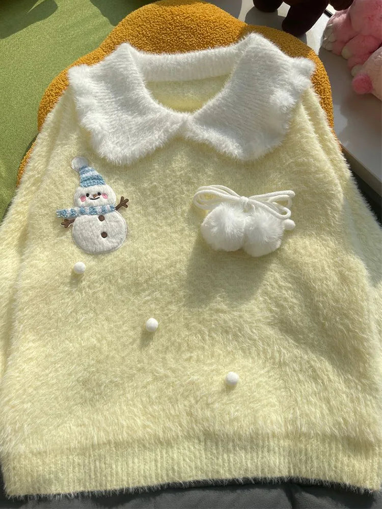 Bxoxo Sweet Faux Mink Cashmere Sweaters Women Kawaii Snowmen Long Sleeve Knitted Pullover Casual Cute Preppy Style Chic Loose Jumpers