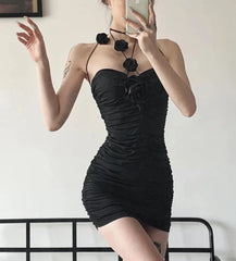 BXOXO Black Mysterious Sexy Mature Party Intellectual Feminine Rose Decorative Folds Charming Tight Women's Tube Top Dress