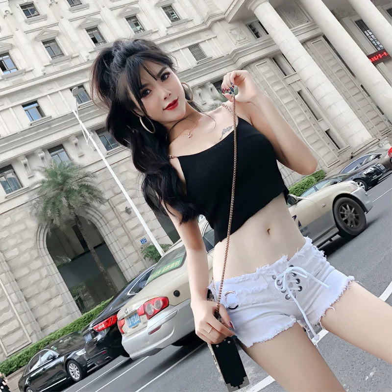 Bxoxo New Summer Europe and America Fashion Sexy Hottie Low Waist Ripped Ladies Denim Shorts Zip Up Lace-Up Hot Pants Jeans