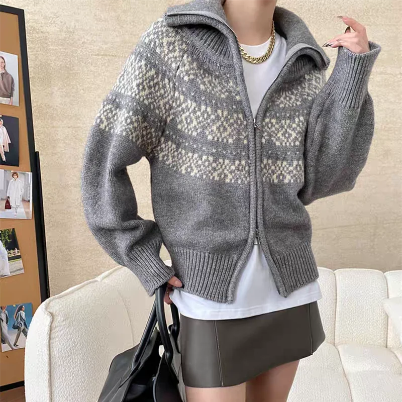Bxoxo Women Fair Isle Sweater Zipper Front Collared Zip-up Sweater Knit Jacket Cozy Knitwear Teen-girl Fall Winter Vintage Outfit