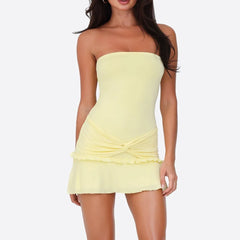 BXOXO Women Y2K Frills Knotted Strapless Mini Dress Coquette Sleeveless Backless Off Shoulder Tube Bodycon Short Dress Party