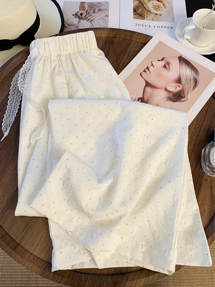 Bxoxo Chic Diamond Wide Leg Pant Elegant Women Loose High Waist Fashion Trousers Casual Korean Lace Up Female Sweet Pants Summer