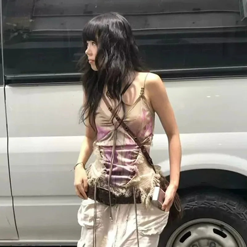 BXOXO Gothic Tank Tops Women Sleeveless Tie Dye Y2k Vintage Crop Tops Streetwear 2000s Japanese Lace Up Camis E-girls Summer