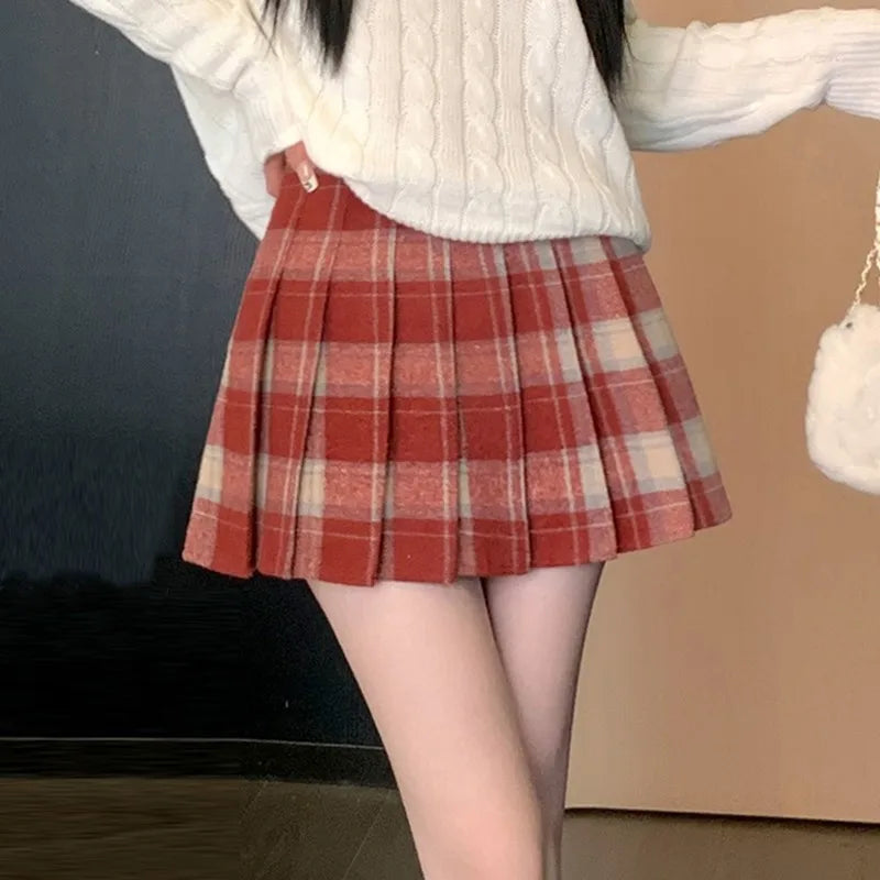 BXOXO Preppy Style Winter Plaid Vintage Pleated Mini Wool Skirt For Women High Waist Thicken Casual School Cute Short Skirt Female
