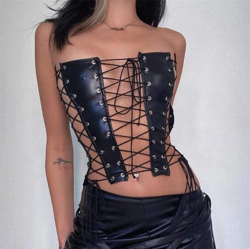 Bxoxo Sexy Gothic Women PU Leather Corsets Bustiers Lace-up Bandage Crown Girdle Slim Waist Back Zipper Strap Corset Tops Curve Shaper
