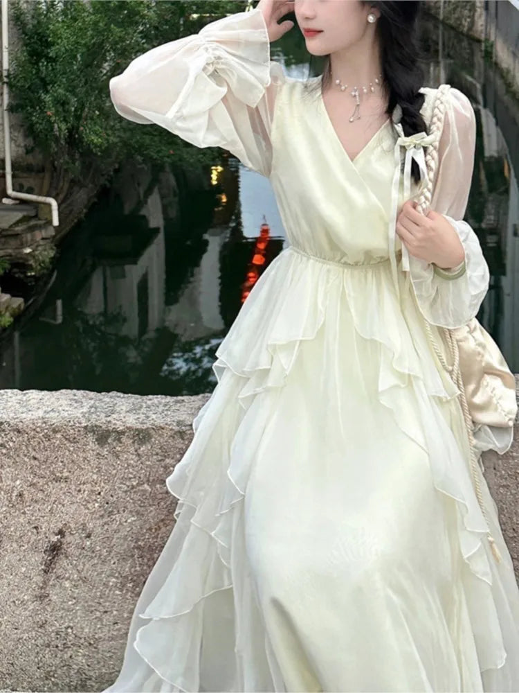Bxoxo French Fairycon Ruffles Dresses For Women's 2025 New Summer Fashion V-Neck White Long Puff Sleeve Dress Holiday Beach Vestiods