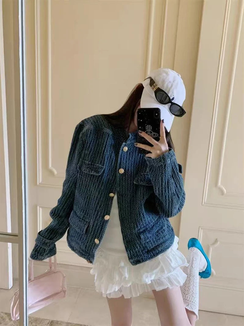 Bxoxo Vintage Stand Collar Denim Jacket Women Autumn Loose Streetwear Single Breasted Coats Y2K Korean Chic Long Sleeve Casual Outwear