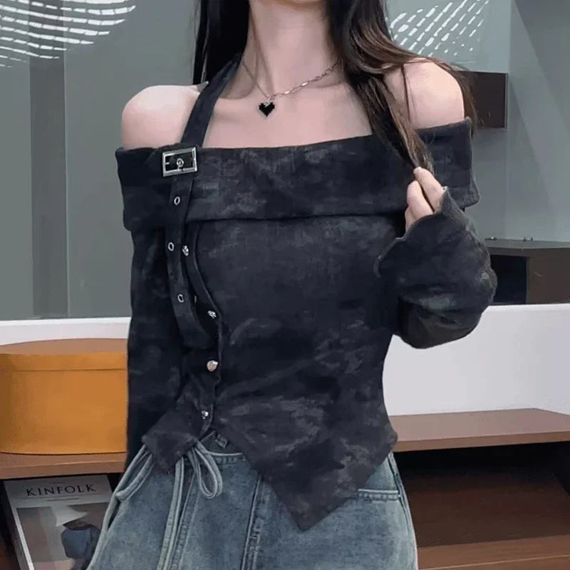 Bxoxo Fashion Slash Neck T Shirt Women Korean Elegant Off Shoulder Irregular Women Tops Harajuku Tie Dye Long Sleeve Pullovers