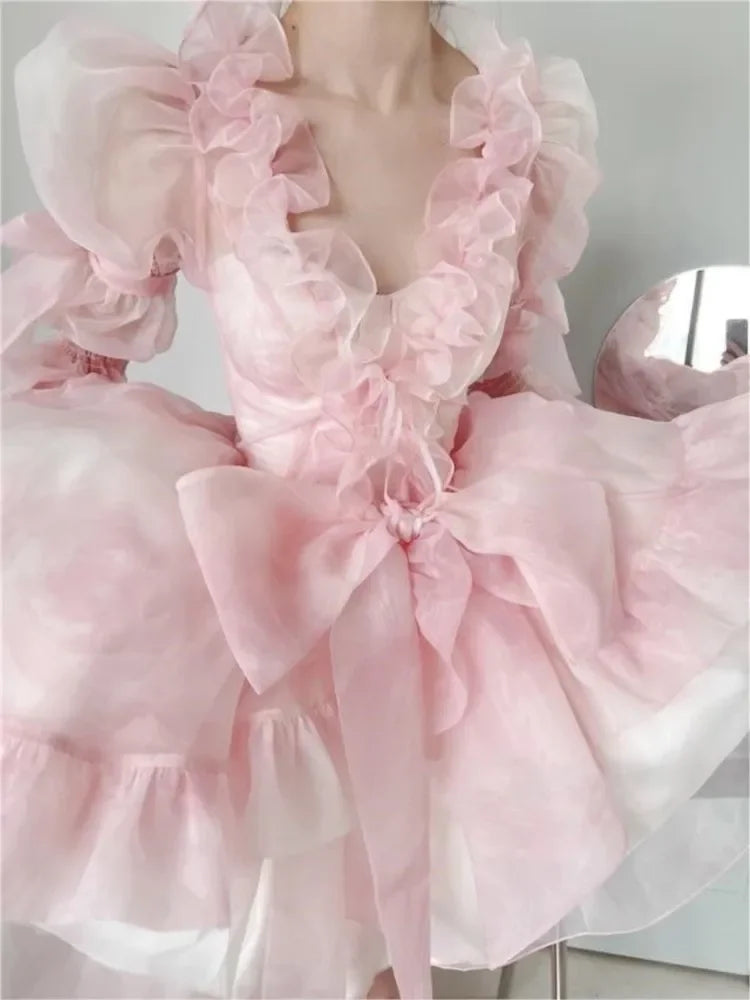 BXOXO Women Chic Pink Asymmetrical Dress Vintage Summer Mini Birthday Female Ruffles PartyLady Holiday Puff Dress