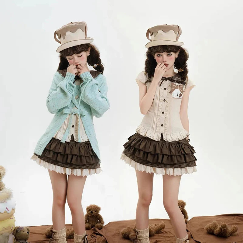 Bxoxo Japanese Sweet Lolita Mini Skirts Women Y2K Kawaii Lace Patchwork Bow Cake Skirt Femme High Waist Preppy All Match A Line Skirts