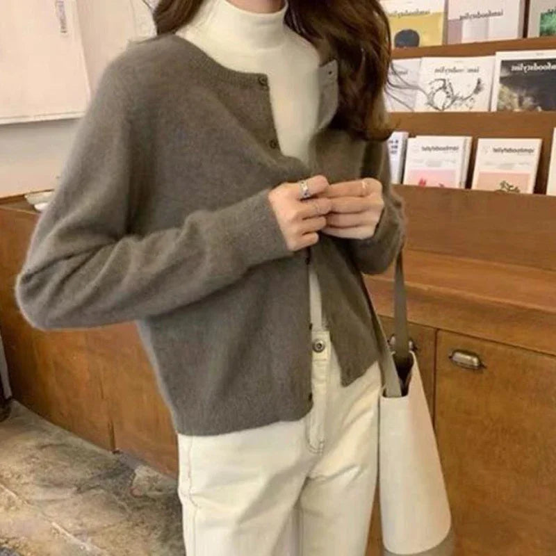 BXOXO Cold Weather Outfits Fall Solid Color Knitted Cardigan Women Korean Single Breasted Long Sleeve Jumper Woman Round Neck All Match Sweater Outwear Top