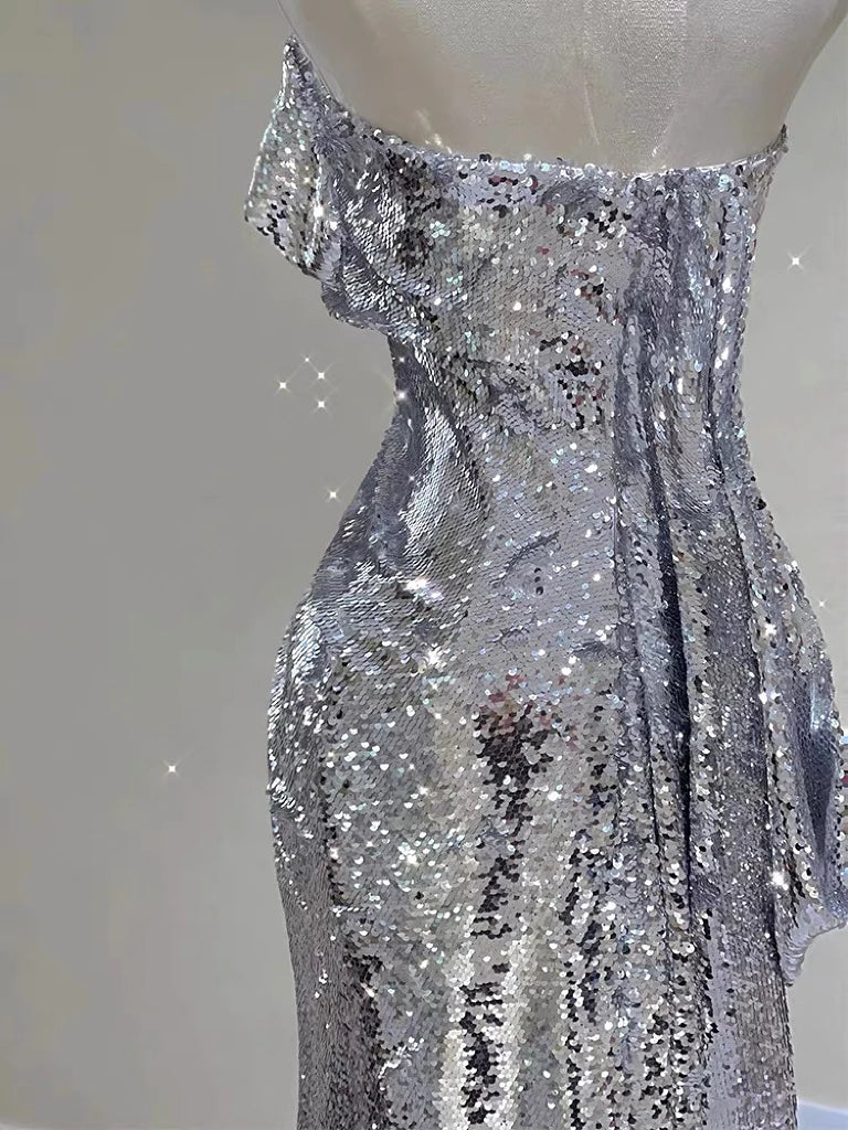 BXOXO Silver Shiny Cocktail Dresses Strapless Ruched Sleeveless Mermaid Sequins Light Luxury Red Carpet Woman Evening Prom Party Gowns