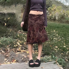 BXOXO Harajuku Vintage Long Skirts Women Floral Print Gothic Retro Skirts Grunge Aesthetic Streetwear Punk A Line Midi Skirt