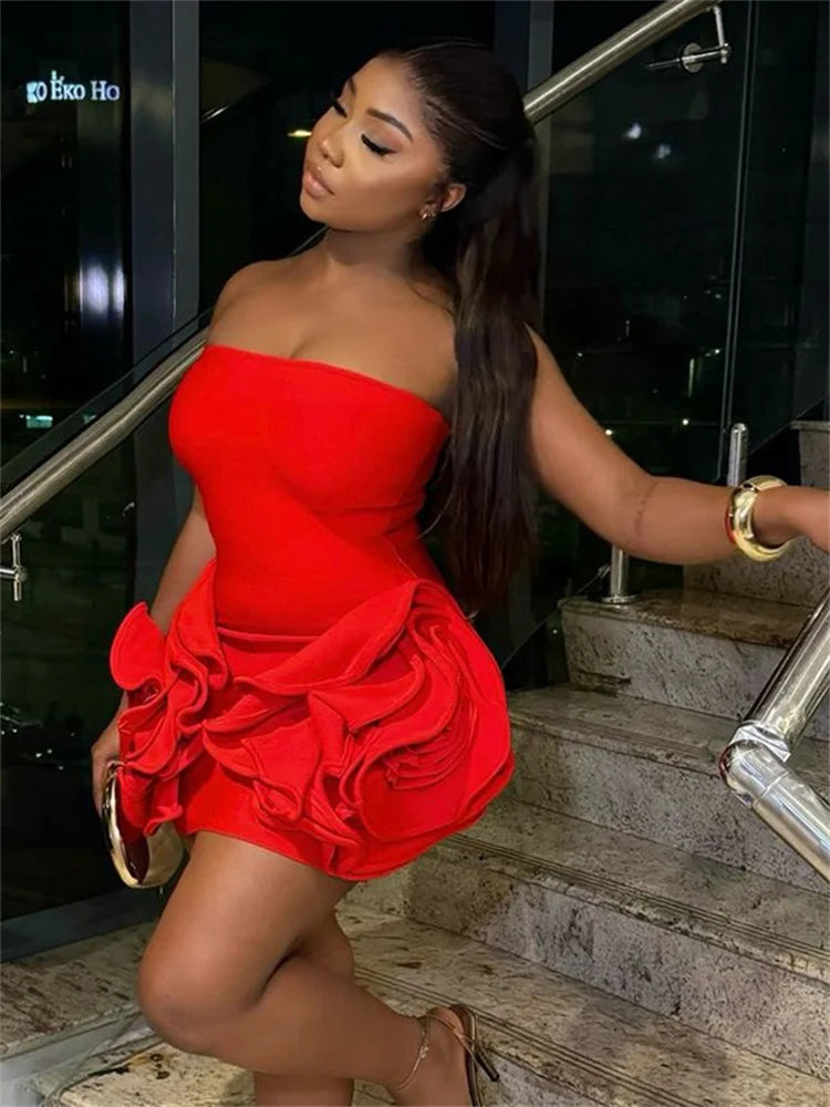 BXOXO Appliques Attractive Women Mini Dress Solid Sexy Strapless Ruched Stacked Body-shaping Vestidos Female Classic Party Robe