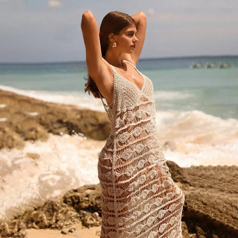 BXOXO Women Knit Beach Maxi Dress Fashion Sleeveless V-neck Cover-up Dress Hollowed Summer Long Vacation Dress
