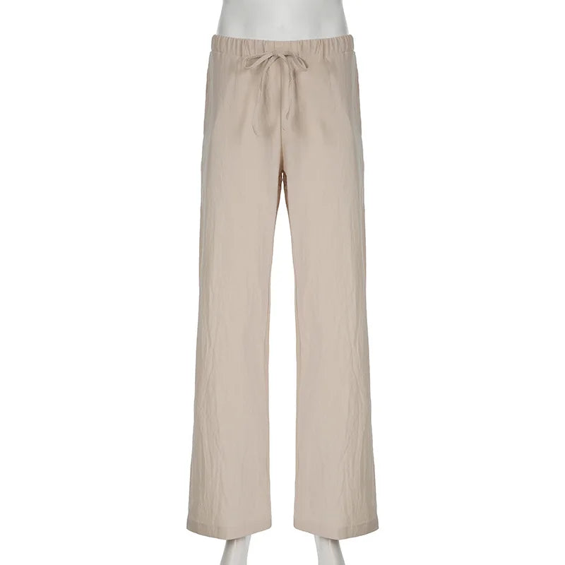 Bxoxo Cotton Linen White Pants Basic Drawstring Low Waist Wide Leg Pants Casual Y2K Clothes For Summer Trousers