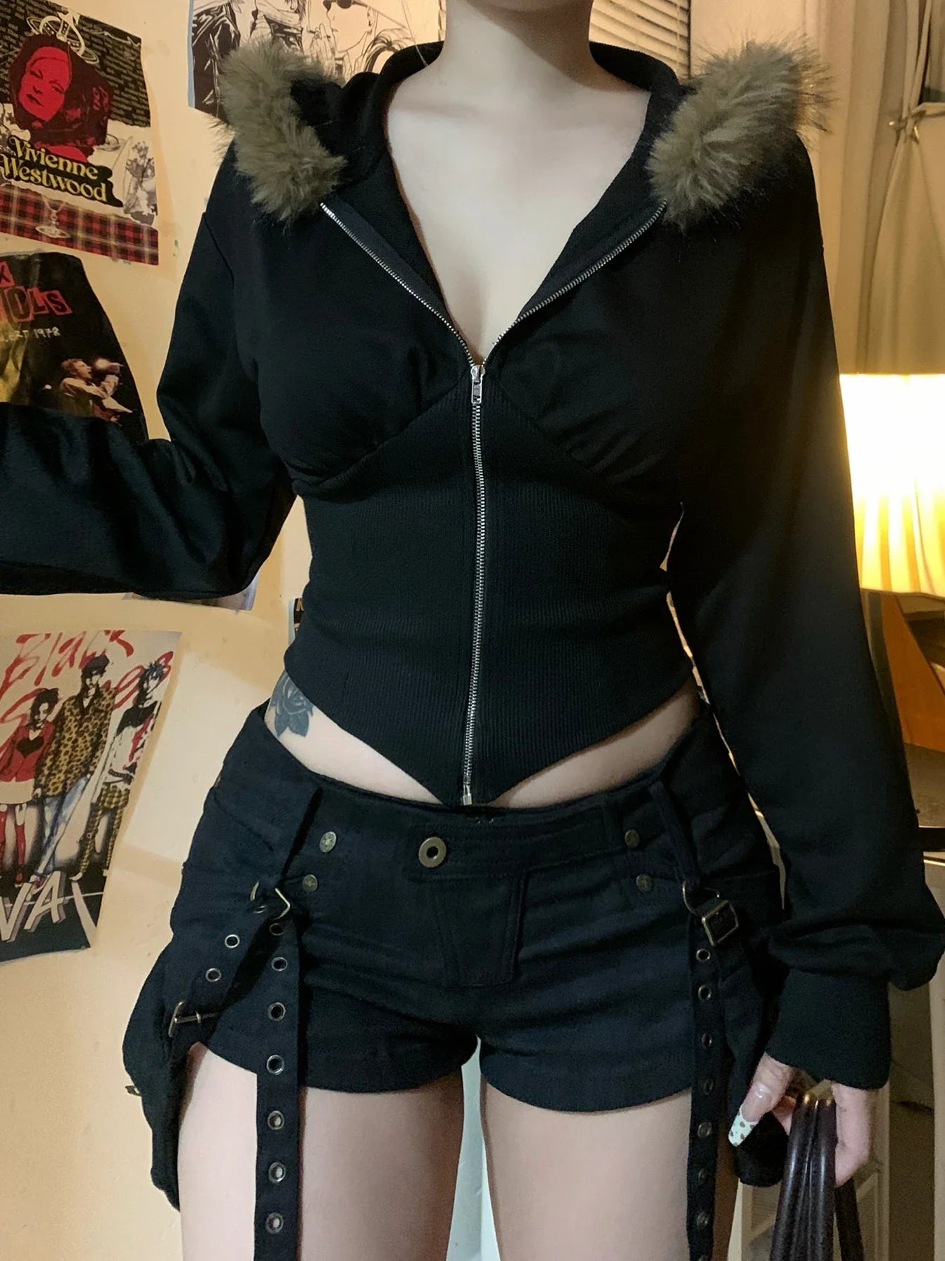 BXOXO Zip Up Fur Neck Hoodie Coats Fashion Slim Solid Y2K Vintage Women's Jackets Casual Streetwear Chic Basics Clothes