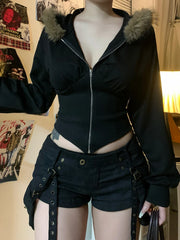 BXOXO Zip Up Fur Neck Hoodie Coats Fashion Slim Solid Y2K Vintage Women's Jackets Casual Streetwear Chic Basics Clothes