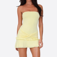 BXOXO Women Y2K Frills Knotted Strapless Mini Dress Coquette Sleeveless Backless Off Shoulder Tube Bodycon Short Dress Party