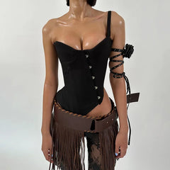 Bxoxo Fashion Women Buckle Irregular Crop Tops One Shoulder Strap Corset Tops Slim Waist  Low-cut Tanks Camis Bralette Bustiers New