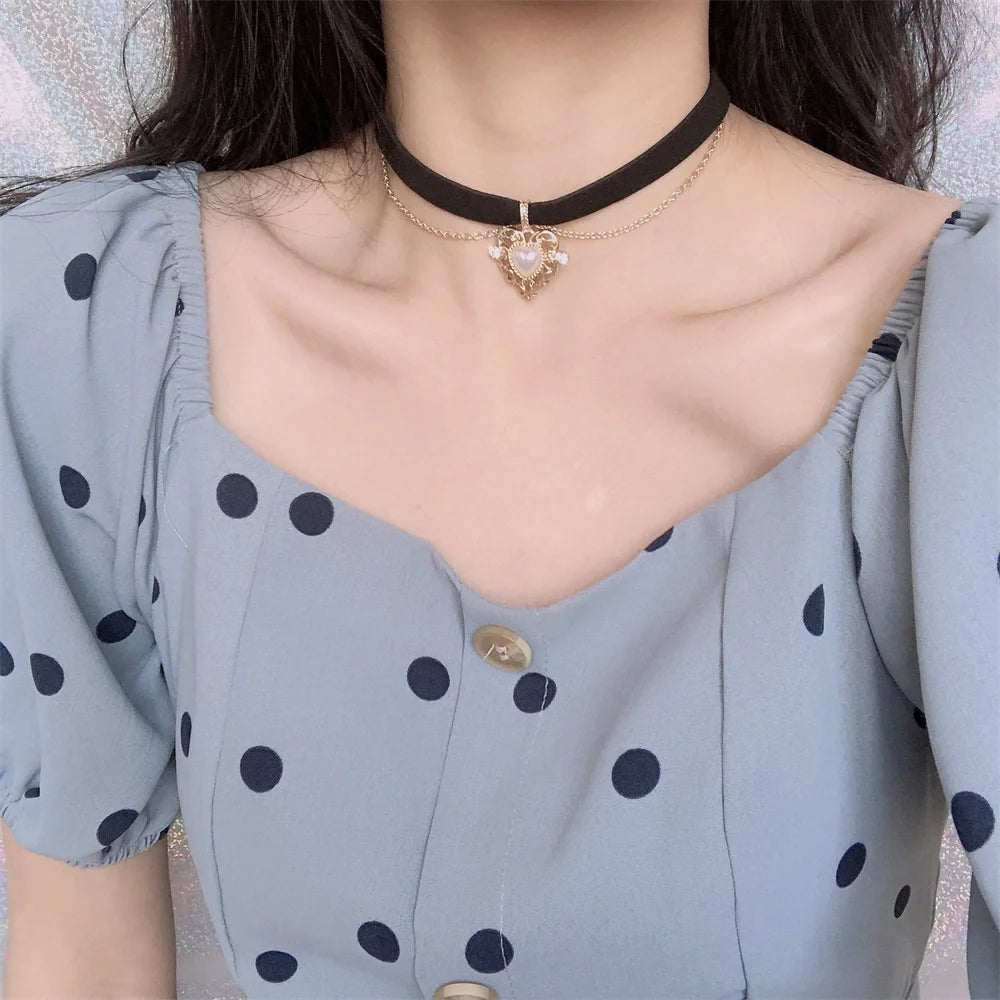 BXOXO Vintage Velvet Chain Choker Necklace Gothic Heart Imitation Pearl Pendant Collar Women Clavicle Chain Necklace Party Jewelry