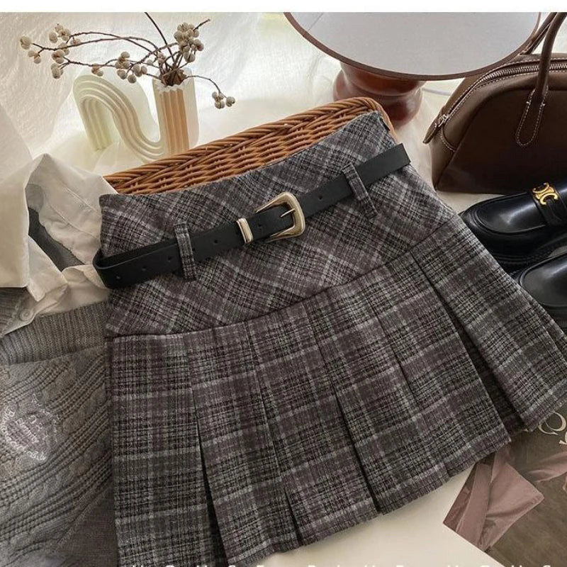 BXOXO Vintage Plaid Skirt Women Preppy Style Kawaii Pleated Skirt Korean Fashion Autumn Winter A-line Streetwear Mini Skirts