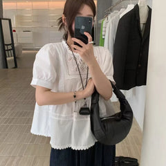Bxoxo Sweet Korean Sle Lace irt Women's Faion Slimming Loose Bubble Sve Hollow out d Top Commute Sle round Ne or...
