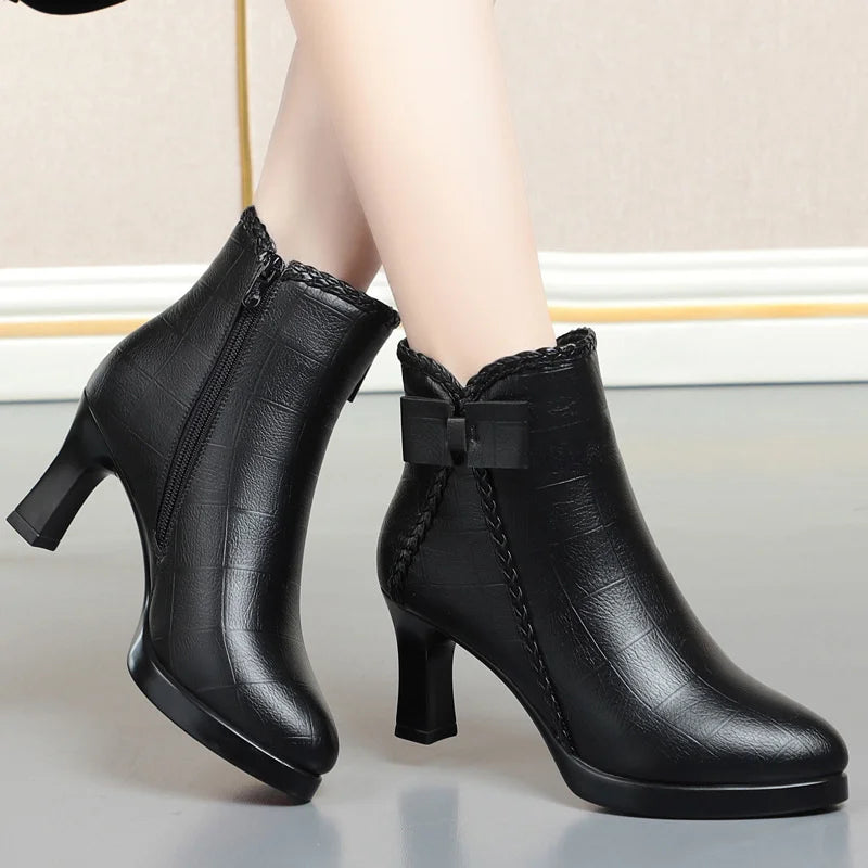 BXOXO Autumn Women's Platform Shoes New Plus Velvet Stiletto Heel Heeled Ankle Boots Winter Versatile Pointed Toe Warm Short Boots