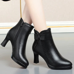 BXOXO Autumn Women's Platform Shoes New Plus Velvet Stiletto Heel Heeled Ankle Boots Winter Versatile Pointed Toe Warm Short Boots