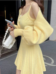 Bxoxo  Korean Autumn Winter Sweet Knitted Two Piece Dress Set Women Strap +Casual Coat Dress Set Style Solid Dress Suit