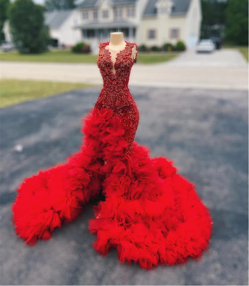 BXOXO Red Long Prom Dress For Black Girls Beaded Crystal Birthday Party Dresses Ruffles Evening Gown Mermaid High Slit Customized