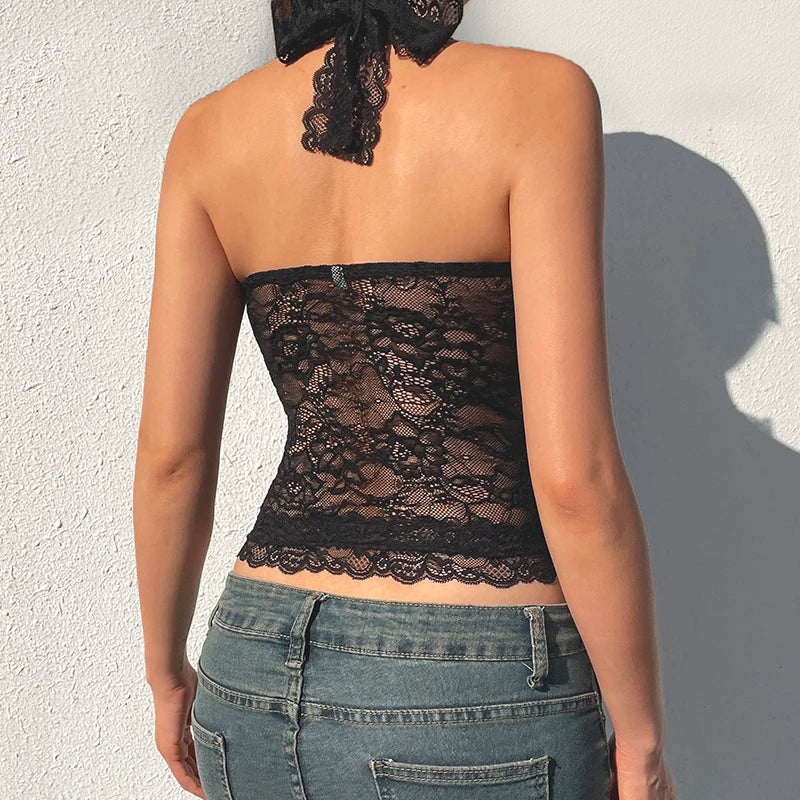 BXOXO Black Transparent Lace Camis Sexy See Through Sleeveless Bandage Halter Crop Top Women Summer Club Party Vest y2k Vintage