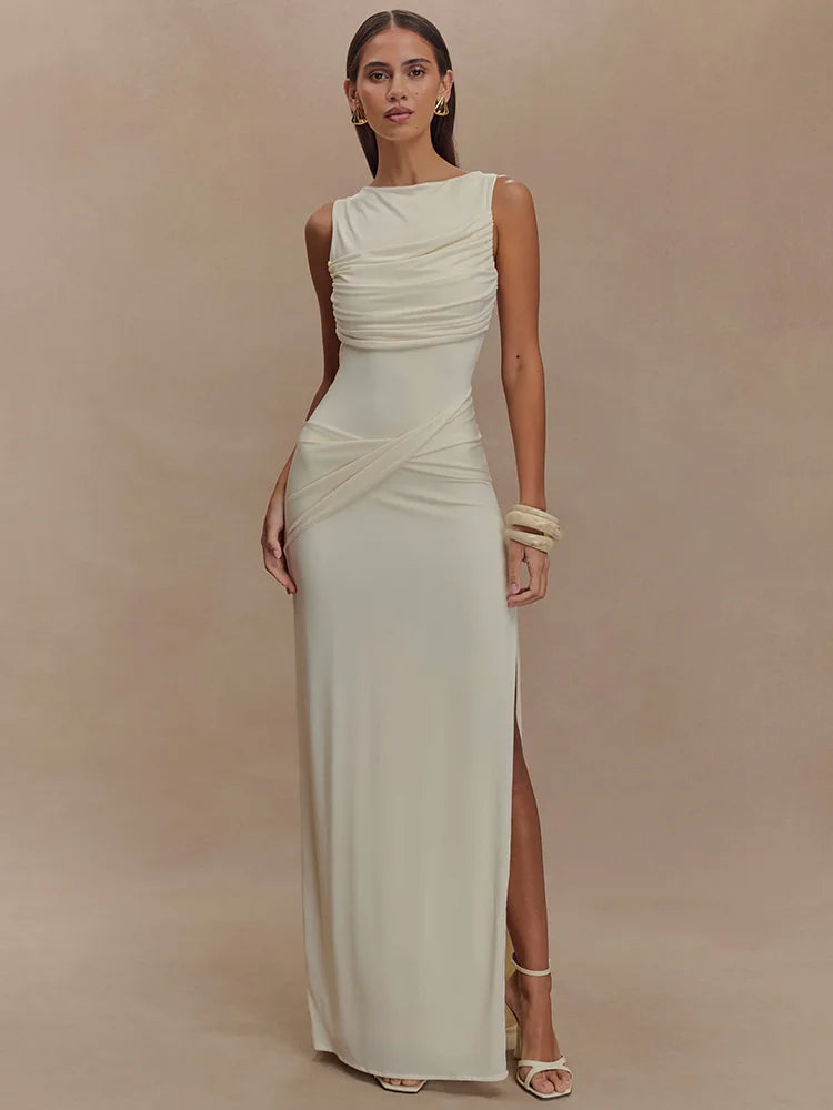 BXOXO Backless Ruched Sexy Maxi Dress For Women Gown O Neck Sleeveless Thigh High Split Bodycon Elegant Long Dress Vestido