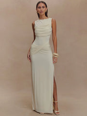 BXOXO Backless Ruched Sexy Maxi Dress For Women Gown O Neck Sleeveless Thigh High Split Bodycon Elegant Long Dress Vestido