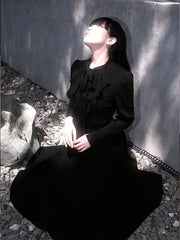 Bxoxo Y2K Gothic Black Midi Dress Women Autumn Japanese Hepburn Style Lace Up Slim Dress Female All-Match Bow Dark Academic Vestidos