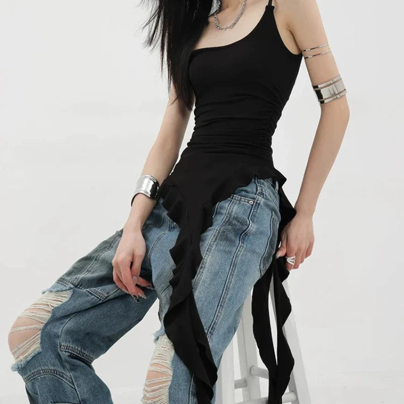 BXOXO Sexy Tank Top Asymmetrical Black Y2k Women Ruffle Grunge Backless Coquette Fashion Streetwear Tops Solid Aesthetics