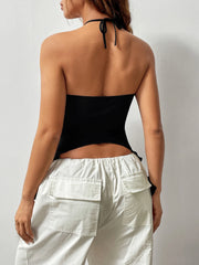 Bxoxo Ruched Front Crop Halter Top, Y2K Sexy Split Backless Halter Top For Summer, Women's Clothing