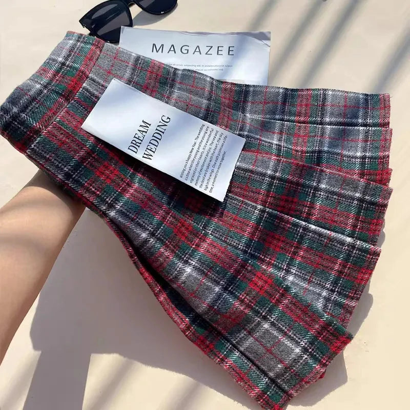 Bxoxo Plaid Woolen Pleated Skirts for Women Fall Winter High Waist Preppy Warm Mini Skirts Lady Fashion Korean All-Match A Line Skirts