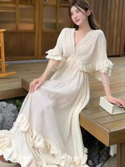Bxoxo Women's Ruffles Fairy French Dress V-Neck Full Skirt Short Sleeves Long Dressses Beach Holiday Vestidos 2025 Summer Fashion New
