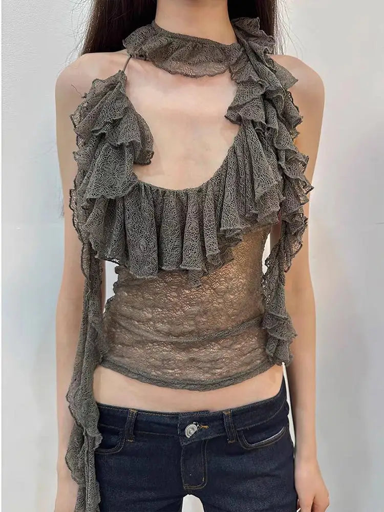 BXOXO Y2k Fairycore Halterneck T Shirt Women Sleeveless Lace Patchwork Tank Tops Irregular Ruffles Camis 2000s Aesthetic Tops