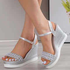 BXOXO Gold Silver Glitters Wedge Sandals Women Buckle Strap Chunky Platform Sandles Woman Summer Non-Slip Thick Sole Sandalias Mujer