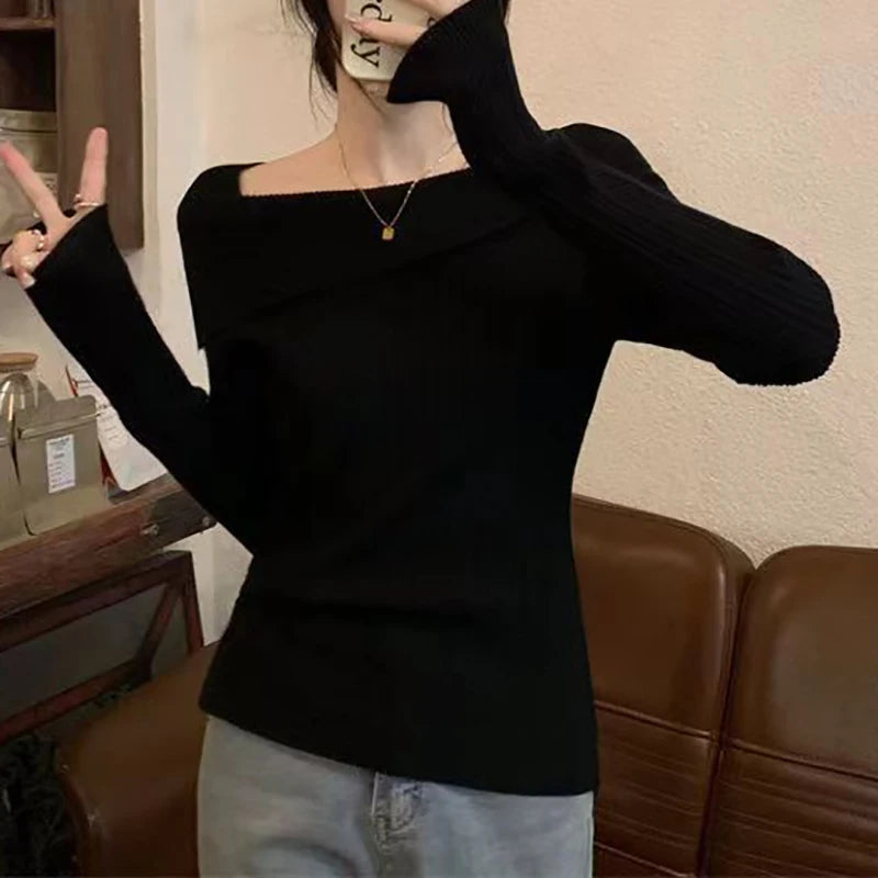 Bxoxo Women Off Shoulder Knit Sweater Slash Neck Long Sleeve Slim Knitwear Jumpers Office Sweater For Women 2024 Autumn Winter