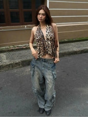 BXOXO Sequins Leopard Print Women Vest Backless Halter v-Neck Lace-Up Sleeveless Street Skinny Summer Trend Versatile Tops