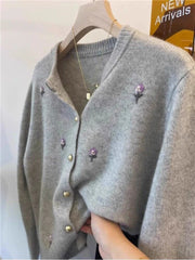 Bxoxo Flower Embroidered Knit Cardigan for Women Autumn Sweet Single Breasted O Neck Warm Sweater Korean Loose Long Sleeve Jumper