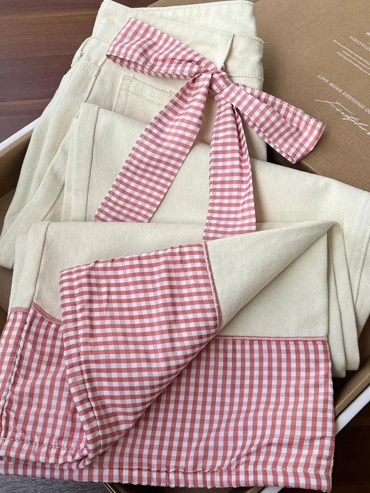 Bxoxo Plaid Patchwork Sweet Jeans Women Elegant Bow High Waist Denim Pant Fall Winter Loose Casual Female Fashion Wide Leg Trousers
