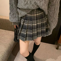 BXOXO Preppy Style Plaid Pleated Skirt Women Fall Winter High Waist Woolen Mini Skirt Japanese School Uniforms Kawaii Y2K Jk Skirts