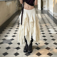 Bxoxo Y2k Fairycore Lace Irregular Skirt Holiday Loose Low Rise Chic Asymmetrical Patchwork Long Skirts for Women Summer Casual